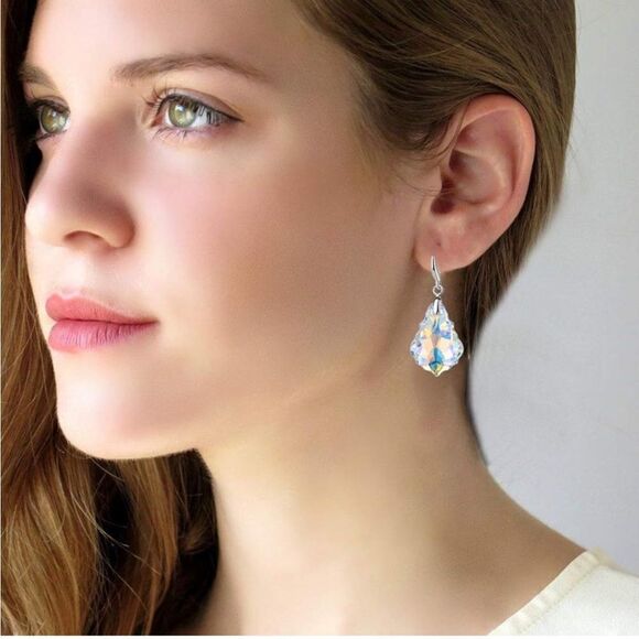 Silver with Pink Sapphire Austrian Crystal Baroque Dangling Drop Hook Earrings